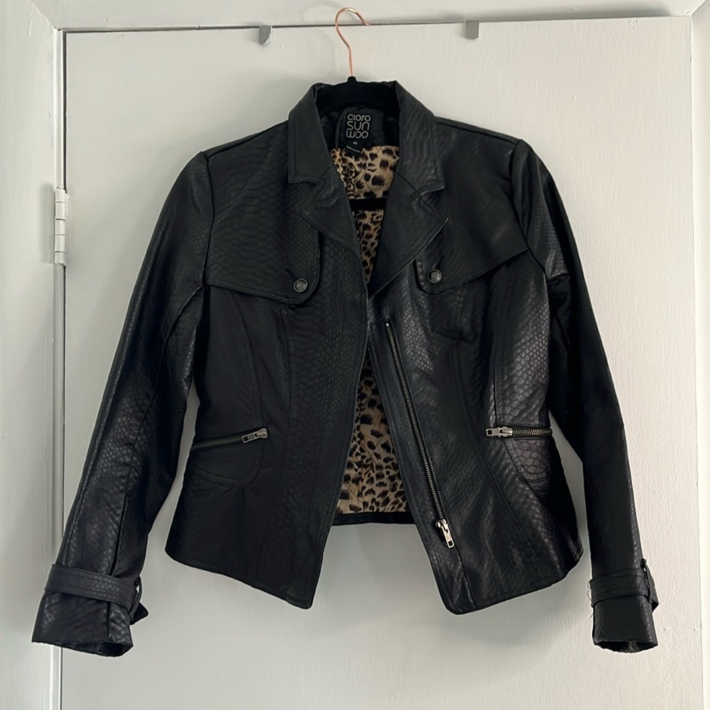 Clara Sunwoo black snake skin print jacket with a cheetah print inside size XS